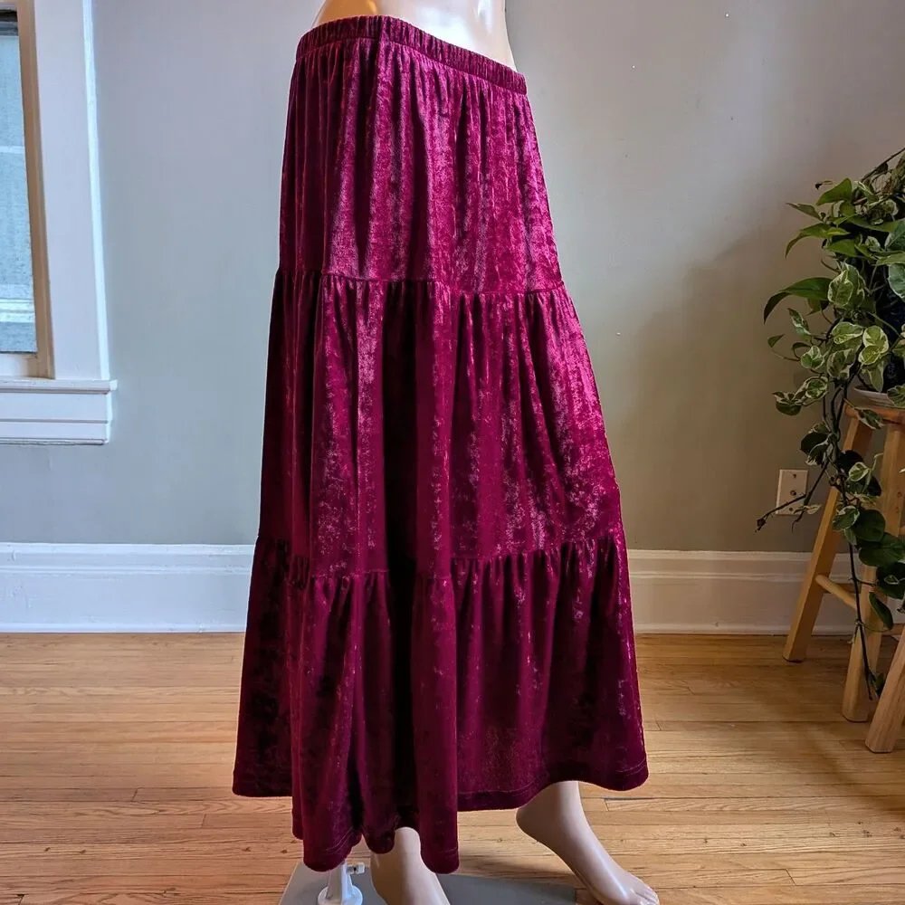 Vintage 90s Teddi Velvet Midi Skirt Tiered Prairie Whimsigoth Autumn Size M